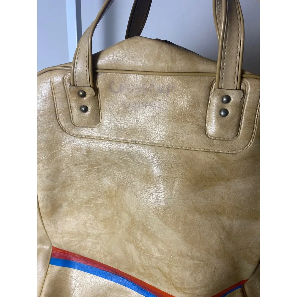 Vintage United Airlines Flight Bag Tan Vinyl Carry On Travel Tote Retro Stripe
